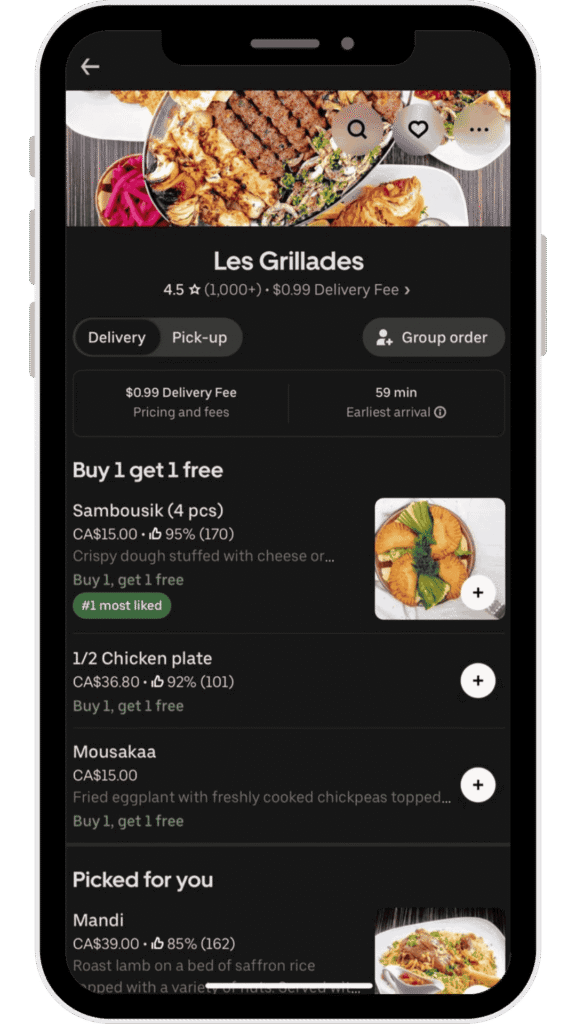 Screenshot of Les Grillades Lebanese restaurant Ottawa profile on Uber Eats for delivery and pickup.